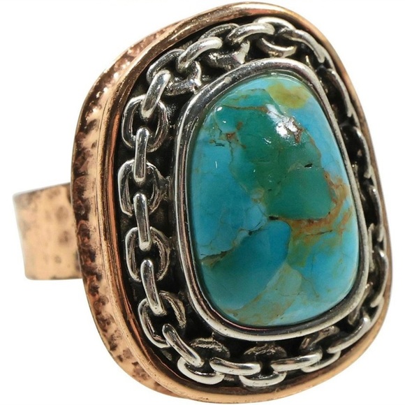 BARSE Thailand Copper RING size 7 with .925 Sterling Silver Surrounding Turq